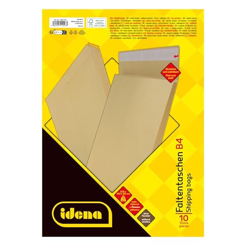 Idena 11093 - Versandtaschen DIN B4, 10 Stück haftklebend, Faltentaschen mit 4 cm Bodenfalte, Briefumschläge ohne Fenster, aus 140 g/m² FSC-Recycled Papier in Braun