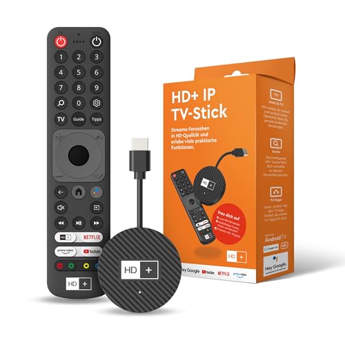 HD+ IP TV-Stick – Der TV-Stick, der Immer direkt mit Live-Fernsehen startet | Fernsehen ohne Satellit oder Kabel über Internet | Zugriff auf Mediatheken & Apps | Inkl. 3 Monate HD+
