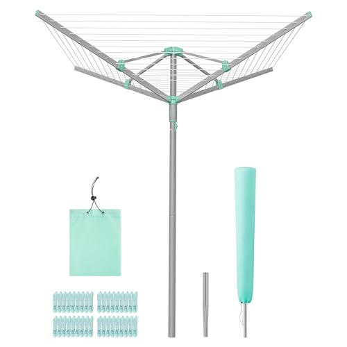 SONGMICS Wäschespinne, Wäscheständer, drehbar, klappbar, draußen, Garten, mit Wäscheklammern, Schutzhülle, silbern, 45 m Wäscheleine, für 4 Waschladungen LLR306EZ01