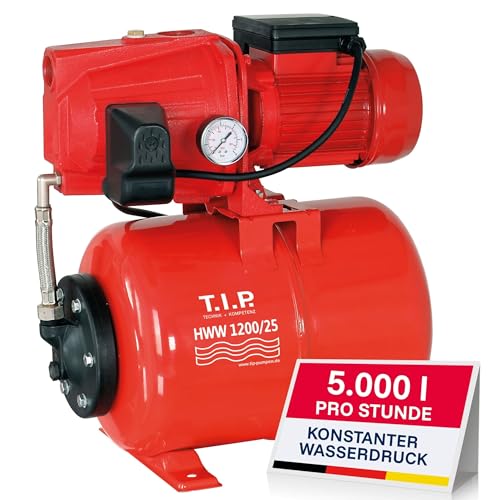 T.I.P. HWW 1200/25 Hauswasserwerk, 5.000 l/h Jetpumpe mit Gusseisengehäuse, 1.200 W, 50 m Förderhöhe & 5,0 bar Druck, Druckschaltung, 22L Kessel, selbstansaugend, effizient, leistungsstark & langlebig