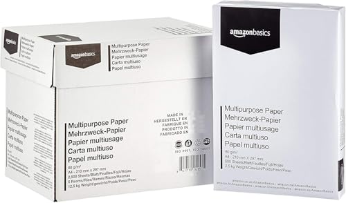Amazon Basics Druckerpapier, DIN A4, 80 g/m², 2500 Stück, 5 Packungen mit 500, Weiß