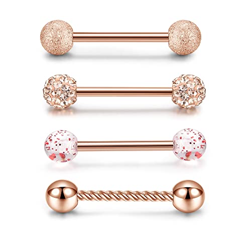 PiercingJak 4er 14mm Zungenpiercing Barbell Set 14 Gauge Edelstahl Brustwarzen Nippel Tongue Piercing Stecker mit Verschieden Kugeln, Rosegold