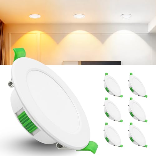 Laiebri 6er Led Einbaustrahler 230V Weiß - Extra Flach IP44 Deckenstrahler - Ø68-75mm Einbau Deckenspots 6W 600LM, 2700K/4000K/6500K Deckenlampe Deckenleuchte led für Badezimmer Wohnzimmer Küche