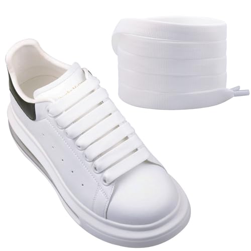 Olukssck 2 Paar Dicke Schnürsenkel[12 mm breit], Regenbogen Flache Schuhbänder Reißfest Shoelaces für Sportschuhe, Freizeitschuhe, Weiß (100cm)
