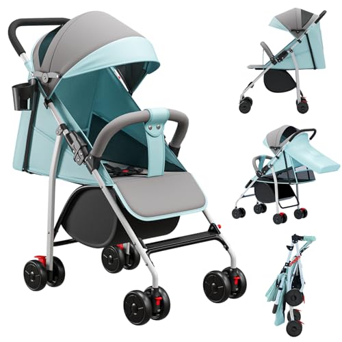 MLYIQI Kinderwagen, 0 – 4 Jahre, 0 – 22 kg, leicht und kompakt, verstellbare Rückenlehne, 5-Punkt-Gurt, faltbar, Reisewagen mit Sonnendach und Moskitonetz, rutschfeste Räder in Schwarz
