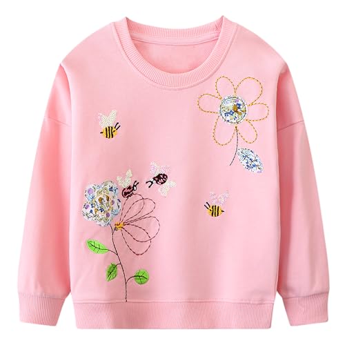 JinBei Sweatshirt für Kinder Mädchen, Bienenblume Muster Pullover Baumwolle Top Casual Rosa Ärmel mit Rüschen Jumper Langarmshirt Prinzessinnen Sweater, Gr.116-122