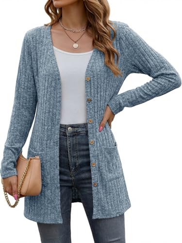 Cicy Bell Damen Lang Button Down Cardigan Elegant Langarm Strikjacke mit Tasche Open Front Sweaters Blau M