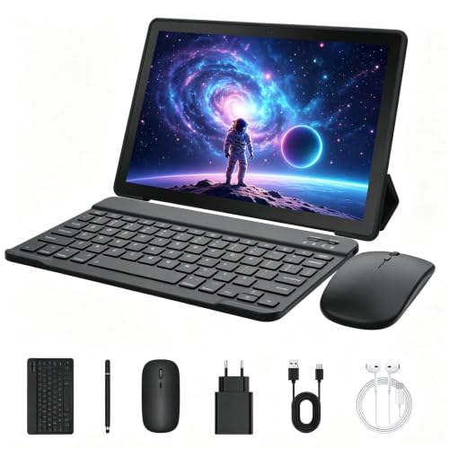 MUTSAY Tablet 10 Zoll Android 16 Tablets PC mit Schutzhülle Tastatur Maus Stift Kopfhörer Netzteil Kabel 20 GB RAM 64 GB ROM IPS 1280x800 Dual-Kamera 5 MP+8 MP 5000 mAh WiFi 6 BT 5.4 (Schwarz)