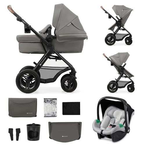 Kinderkraft MOOV2 AIR Kinderwagen 3 in 1 Kinderwagenset bis 22 kg mit Kindersitz I-SIZE 40-75 cm, Buggy Funktion, Liegeposition verstellbar, Große ausziehbare Verdeck, Aufblasbare Räder, Hellgrau