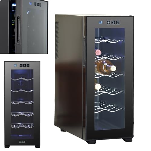 Zilan Weinkühlschrank mit Touch-Bedienfeld – 33 Liter / 12 Flaschen – Edelstahl Getränkekühlschrank Mini Kühlschrank Minibar mit UV-Glastür - leiser Betrieb <27 dB, stufenlose Temperaturregelung