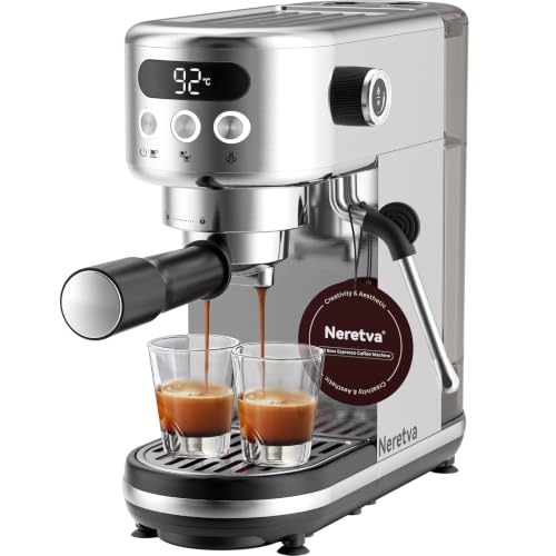 Neretva 20 Bar Siebträgermaschine klein Espressomaschine Edelstahl | Professionelle Siebträger Kaffeemaschine mit LED-Anzeige & Starker Milchschäumer für Barista/Espresso/Latte und Cappuccino