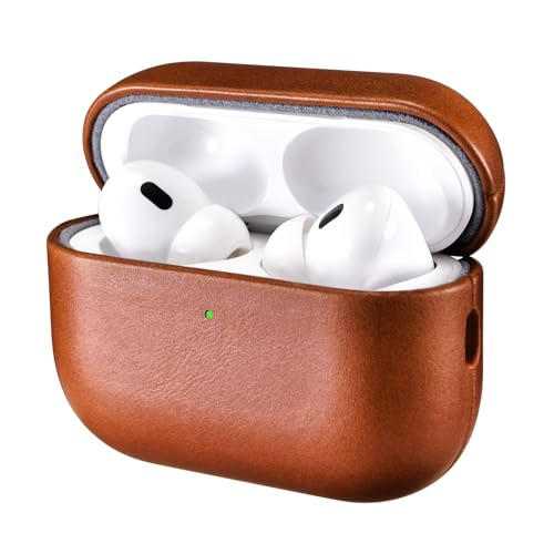 Leder Hülle für AirPods Pro 3 2025, ICARER Premium Echtleder Stoßfeste Schutzhülle Tasche für Apple AirPods Pro 3 Kopfhörer Case Cover Shell (LED sichtbar) Unterstützung Wireless Ladegerät-Braun