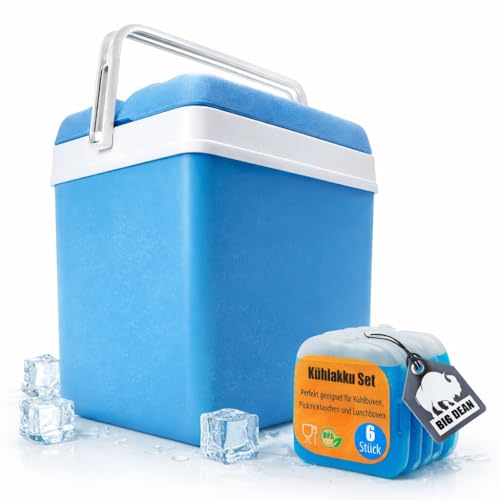 BigDean Kühlbox 24 Liter Set inkl. 6 Kühlakkus, blau/weiß, ohne Strom, bis zu 11 Std. Kühlung, Made in Europe, Isolierbox für Camping, Picknick, Strand, Festival & Garten