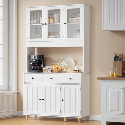 Blishom Aufbewahrungsschrank mit Arbeitsplatte, Sideboard mit Steckdose, LED, Buffetschrank mit Schubladen, 6 Türen, verstellbaren Ablagen, für Wohnzimmer, Esszimmer, Flur, 100 x 38 x 181cm, Weiß