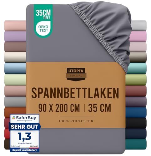 Utopia Bedding - Spannbettlaken 90x200cm - Grau - Oeko-Tex Zertifiziertes Gebürstete Polyester-Mikrofaser Spannbetttuch - 35 cm Tiefe Tasche