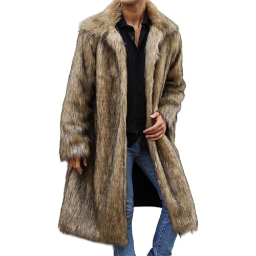 OULIWANGLUO Herren Pelzmantel Winterjacke Lang Kunstpelz Mantel Reverskragen Plüsch Strickjacke Warme Felljacke Pelz Jacke (Braun3,XL)