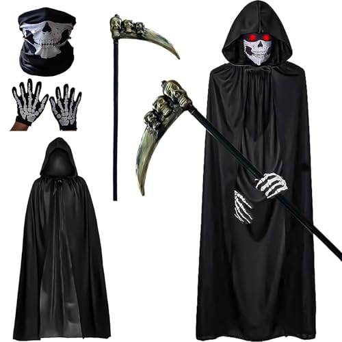 BOOSHMall Sensenmann Kostüm, Halloween Sensenmann Kostüm Herren, Halloween Tod Kostüm mit Sense Schädelmaske Umhang Kostüme Set für Erwachsene Halloween Dekoration