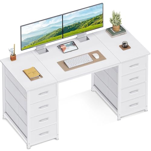 Coleshome Schreibtisch Mit 8 Stoff Schubladen, 120x48cm Schreibtisch Weiß Mit Stauraum Computertisch Vielseitg, Bürotisch PC Tisch Officetisch Für Büro, Wohnzimmer, Home Office
