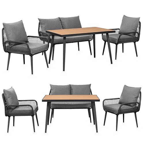 Swing&Harmonie® Gartenmöbel Lounge-Set „Sienna“ – Sitzgruppe mit Tisch, Sofa, Sesseln & Stühlen – wetterfest – Seilgeflecht – WPC-Tischplatte – Outdoor Essgruppe (anthrazit/grau, 4 Personen)
