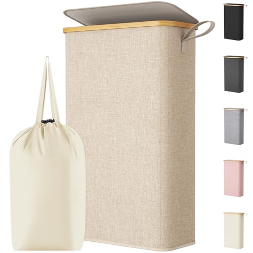 Lifewit 70L Wäschekorb mit Deckel, schmaler Wäschesammler, Beige