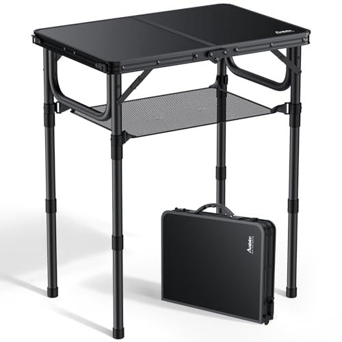 Anbte Campingtisch Klappbar 60x40cm Aluminium Rahmen 3 Höhenverstellbar 26/48/70cm Koffertisch mit Aufbewahrungsnetz Tragbar Picknicktisch für Camping Strand Balkon (Ganz Schwarz)