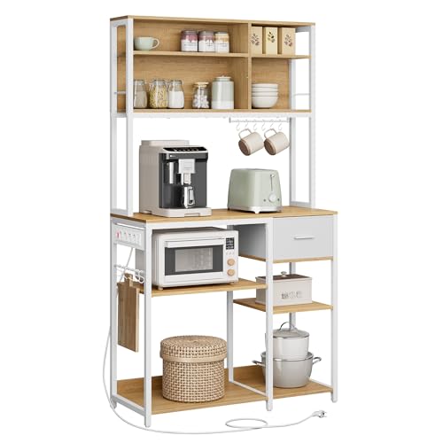 VASAGLE Küchenregal mit Steckdosen, Standregal, 40 x 100 x 180,4 cm, Backregal, verstellbare Ablagen, Stoffschublade, 12 Haken, Küche, goldeichenfarben-wolkenweiß KKS027Y02