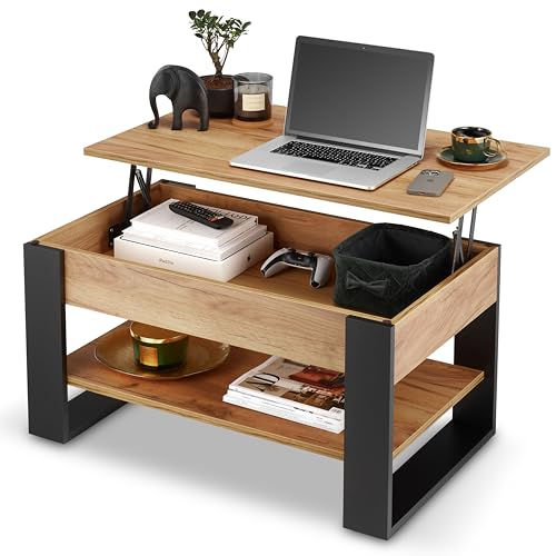 defiPad Couchtisch Höhenverstellbar mit Stauraum | Wohnzimmertisch Klappbar | Höhenverstellbarer Coffee Table | Couchtische Ausziehbar | Wohnzimmer Tisch Eiche (Schwarz + Eiche)