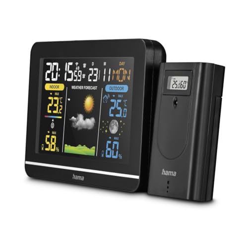 Hama Wetterstation (mit Außensensor, Thermometer innen und außen, Frostalarm, Hygrometer innen und außen, Wettervorhersage mit Symbolen, Raumklima, DCF Funkuhr, Mondphasen, Beleuchtung) schwarz