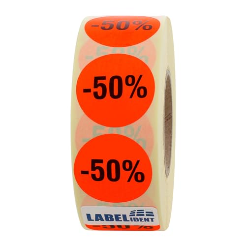 Labelident Aktionsetiketten -50% Ø 30 mm | 1.000 Rabattaufkleber auf Rolle | leuchtrot-schwarz | Für Handel, Lager und Verkauf | Stark selbstklebende Preisetiketten