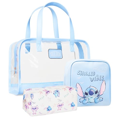 Disney Stitch Kulturbeutel Damen Set, Waschtasche Make Up Tasche Reise Flaschen zum befüllen für Alltag, Reise Geschenke (Blau Stitch 3-Teilig)