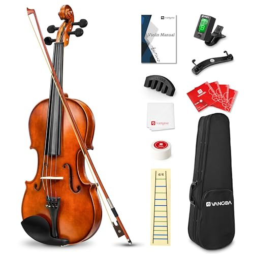 Vangoa 4/4 Violine Massivholz Geige Anfänger Akustische Violin Set für Erwachsene, Einsteiger und Kinder mit Violinenkoffer, Schulterstütze, Kolophonium, Saiten, Handbuch, Dämpfer, Noten-Aufkleber