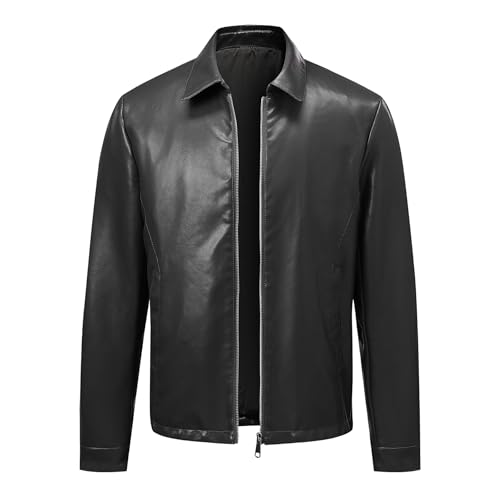 Allthemen Herren Lederjacke mit Reverskragen Übergangsjacke Elegant Regular Leder Bomberjacke Business Casual Schwarz M