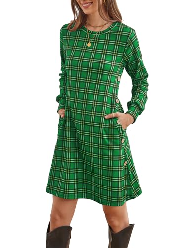 Kikibell Damen Strickkleid Langarm Casual Rundhals Tunika Kleider mit Taschen Knopf Seite Herbst Winter Trendy Outfits, Grünes Plaid, Groß