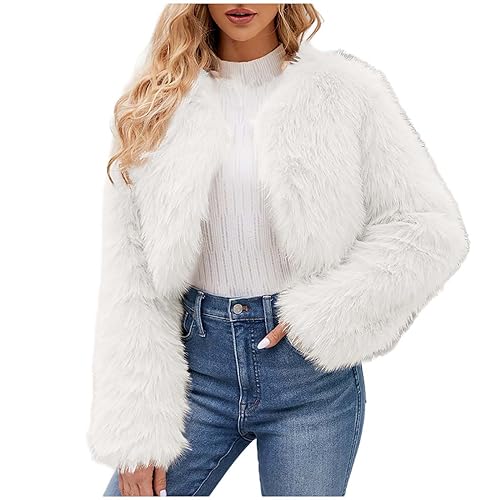 Pelzmantel Damen Modisches Einfarbig Felljacke Winter Kunstpelz Langarm Stehkragen Plüschjacke Kurz Fleecemantel Offene Front Pelzjacke Große Größen Plüschmantel Warmer Wintermantel Streetwear
