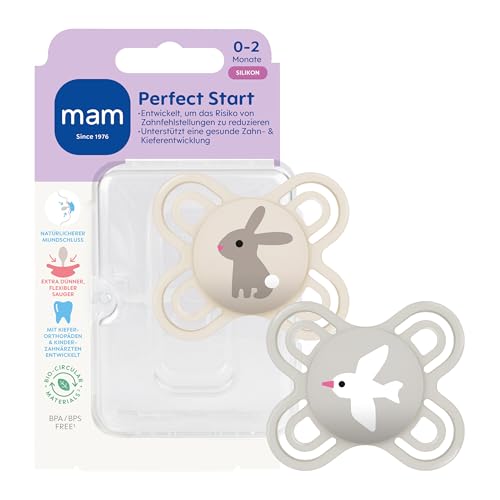 MAM Perfect Start Schnuller | 0-2 Monate | Schnuller für Neugeborene | 94% Akzeptanz | Babyschnuller beugt Zahnfehlstellungen vor | mit Zahnmedizinern entwickelt | SkinSoft Silikon | Hase | 2 Stück