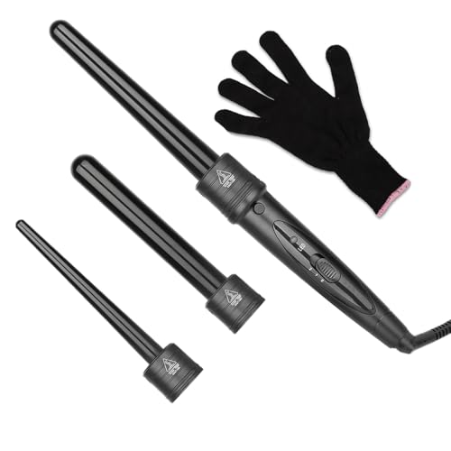 Curloni Lockenstäbe Große und Kleine Locken Set, 3 in 1 Lockenstab mit Verschiedenen Aufsätzen Keramik Turmalin Beschichtung Welleneisen mit Handschuh