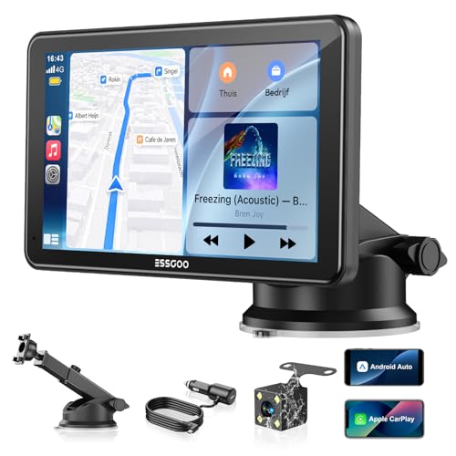 ESSGOO 7 Zoll Carplay Android Auto Display mit Rückfahrkamera HD | Apple Carplay Bildschirm für AirPlay/Mirror Link,IPS Touchscreen,GPS Navigation,Bluetooth 5.3,Sprachassistent,Autoradio,AUX