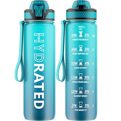 QLUR Trinkflasche, 1L BPA-Frei Tritan Wasserflasche mit Strohhalm, Trinkflasche Sport Auslaufsicher mit Zeitmarkierung und Bürste, Sportflasche für Fitness, Schule, Yoga, Blau Meer (1 Flasche)