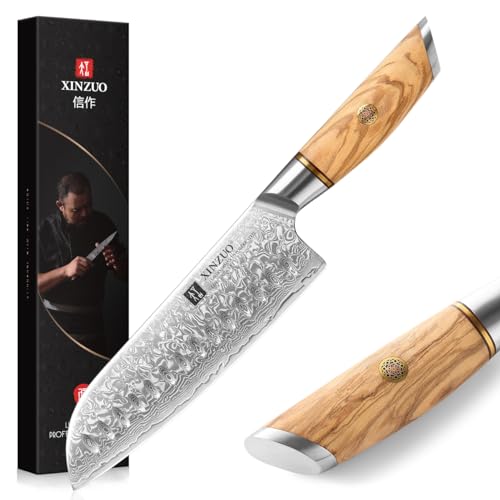XINZUO Damaststahl 18.2cm Santokumesser, scharf Kochmesser 73 Schichten Damastpulverstahl profi Küchenmesser Chefmesser-mit ergonomischer Olivenholz Griff -Lan Series