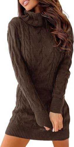 Ebifin Strickkleid Damen Rollkragen Strickpullover Elegant Dress Kaffee M