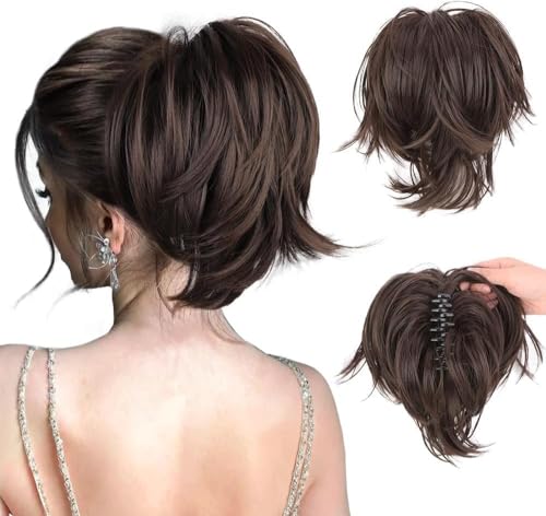 RPAEOY Kunsthaarverlängerung, Haarteile, Klauen-Clip, natürlich, mikrowellig, gerade, kurze und unordentliche Dutt-Verlängerung für Damen, Dunkelbraun