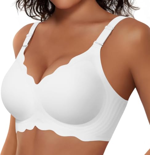 TUNANAN BH Damen Ohne Bügel, Soft Seamless Jelly BH Comfort Push Up Bügelloser Bra, V-Ausschnitt, Gewelltes, Nahtloser Tshirt BHS, Klassisches Sport Bustier Unterwäsche Mit Weicher Stütze, Weiß M