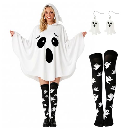 CenviaLuxy Halloween Geister Kostüm,Gespenster Umhang Weiß mit Kapuze für Damen Halloween Gespenst Umhänge für Party Cosplay ausgestattet