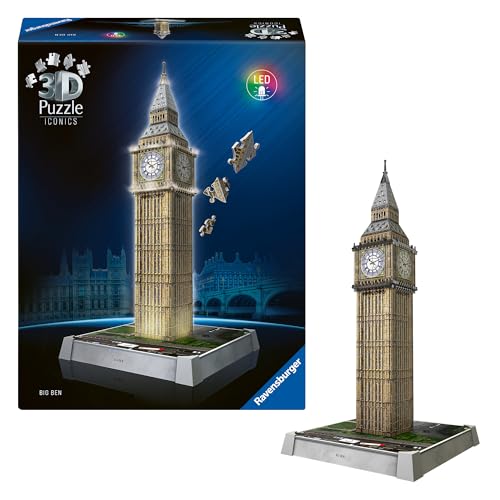 Ravensburger 3D Puzzle Iconics: 12008025 Big Ben - mit Licht - Das berühmte Wahrzeichen von London als detailgetreues und beleuchtetes Modell