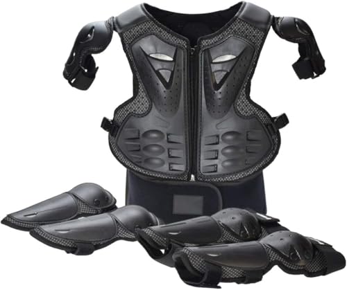 Fansport 5 Stück Motorrad Schutz Jacke,Kinder Motorrad rüstung mit Knieschoner Ellbogenschoner Brustpanzer Racing,für Outdoor Sport - 4/6/8/10/12/14 Jahre (Schwarz)