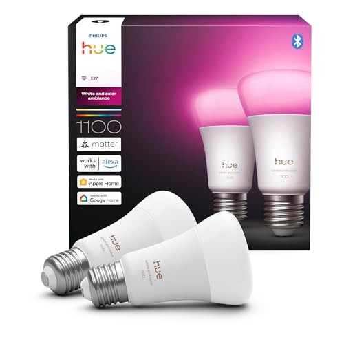 Philips Hue White & Color Ambiance E27 LED Glühbirne, 1100lm, 16 Mio. Farben, dimmbares LED Licht, Leuchtmittel steuerbar via App und Stimme, kompatibel mit Amazon Alexa, 2er Pack, neue Generation