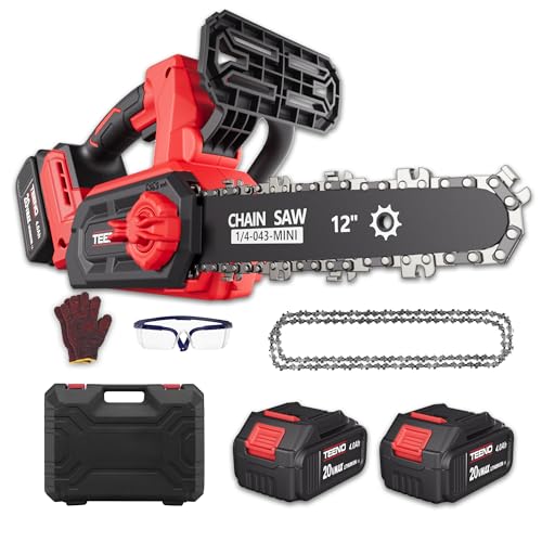 TEENO Kettensäge mit Akku, 12 Zoll, 1200 W, kabellose elektrische Kettensäge mit bürstenlosem Motor, 2 Akkus 4,0 Ah & Ladegerät, automatische Schmierung, Kettenspannung ohne Werkzeug, Beschneiden