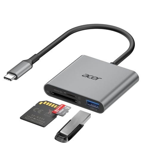 acer USB C SD Kartenleser mit Typ-A 3.0, 170MB/s Card Reader Aluminium | Kartenlesegerät Typ C Micro SD Speicherkartenleser Adapter für iPhone 17 16 15, Galaxy S26,iPad MacBook Pro,Surface Pro usw.
