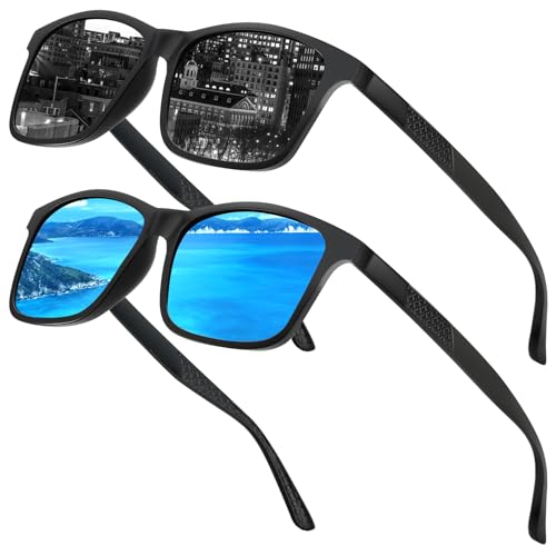Sonnenbrille Herren Polarisiert 2 Stück, Sonnenbrille Damen Polarisiert,Polarisierte Sonnenbrillen Herren Groß UV400 Schutz, Fahren Reisen Outdoor Sonnenbrille, 2 Stück, Schwarz und Blau Gläser