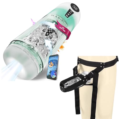 Elektrischer Masturbator mit Vibration, Saug- & Teleskopfunktion, 100 % wasserdicht, Taschenmuschi wiederaufladbar mit APP-Steuerung + Gürtel Fixierung